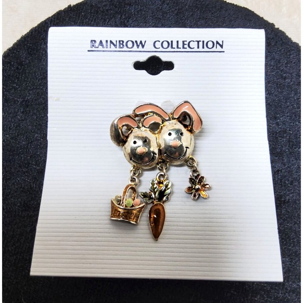 Vintage Rainbow Collection Silver & Gold Tone Mouse Brooch With Charms